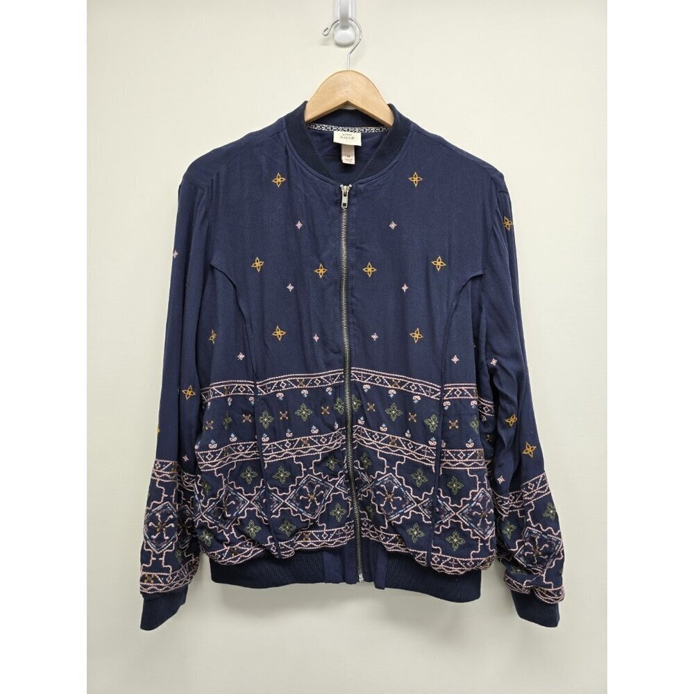 Knox Rose Vintage Blue Embroidered Bomber Jacket Full Zip Pockets Size Medium